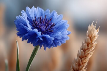 Vibrant blue flower golden wheat combine showcase nature's beauty. Stunning floral arrangement highlights single, delicate bloom wheat spike. Perfect designs needing touch natural elegance, symbolize