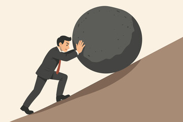 Businessman pushing a huge boulder uphill. Business concept of challenge, struggle, and overcoming obstacles. Metaphor for persistence, determination, effort, and hard work.