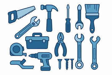Fototapeta premium Vector icon set of construction and repair tools. Blue flat design collection with hammer, saw, wrench, and drill for DIY, maintenance, or handyman projects. Isolated on white.