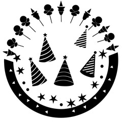 Party hats and streamers around a circle silhouette vector illustration