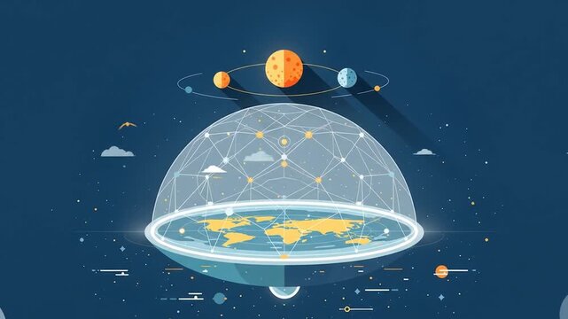 Flat Earth Illustration with Dome and Planets in Space Animation