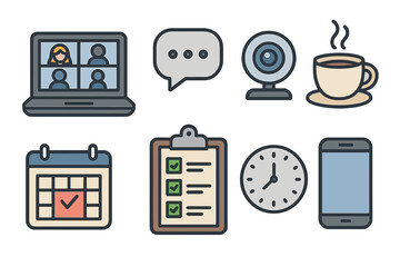 Remote work icon set. Virtual meeting, online communication, business planning vector icons. Calendar, schedule, checklist, time management, coffee break, freelance concept.
