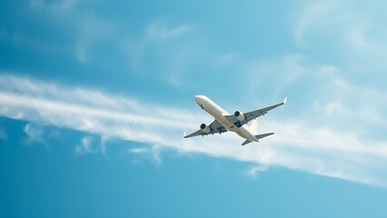 Fototapeta premium Airplane climbing into a clear blue sky, leaving white contrails against a backdrop of soft clouds.
