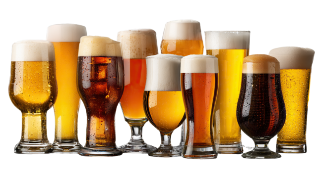 Various Styles of Beer in Glass: A selection of diverse beer styles in transparent glasses.