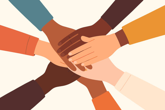 Diverse hands together in unity. Teamwork and collaboration concept. People with different skin colors supporting each other. Racial equality and community partnership.