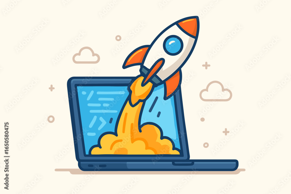 Aufkleber startup launch concept. rocket flying from laptop with code. business project boost, fast developmen