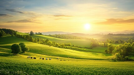 Naklejka premium A picturesque rural landscape with rolling green fields, farm animals, and a peaceful sunrise 