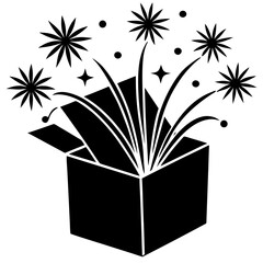 Fireworks coming out of gift box silhouette vector illustration