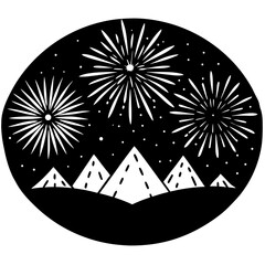 Fireworks over mountain landscape silhouette vector illustration