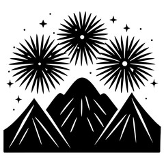 Fireworks over mountain landscape silhouette vector illustration