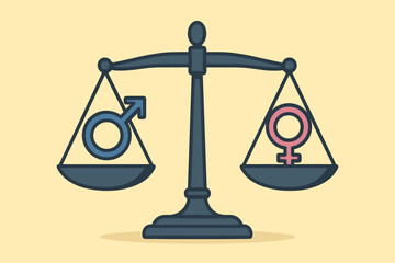 Gender equality concept with male and female symbols on a balanced justice scale. Social issue metaphor for equal rights, and fairness between man and woman. Flat vector illustration.