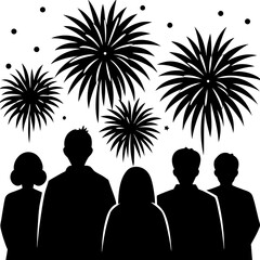 Silhouettes of people watching fireworks silhouette vector illustration