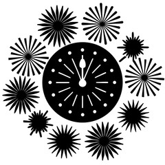 Firework bursts forming clock shapes silhouette vector illustration