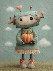 Adorable Robot Girl Holding a Pumpkin in a Soft Pastel Halloween Scene