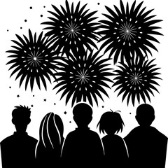 Silhouettes of people watching fireworks silhouette vector illustration