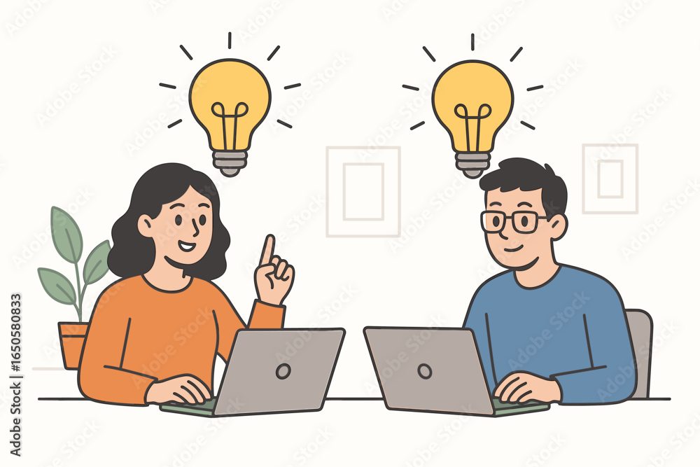 Poster teamwork collaboration concept. man and woman working on laptops in office. brainstorming session wi
