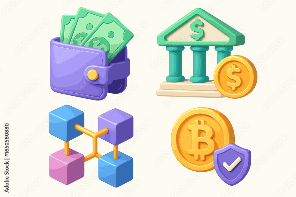 Poster fintech icon set 3d render style. financial technology concept. crypto coin and wallet with money. s