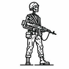 Fototapeta premium A Skeleton as soldier. Retro Vintage Line Art Clipart Silhouette Vector Illustration. .