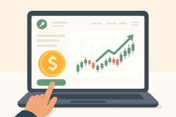 Online investment and stock market trading. Laptop with finance app UI. Candlestick chart showing profit, growth. Financial analytics, data, economy success concept.