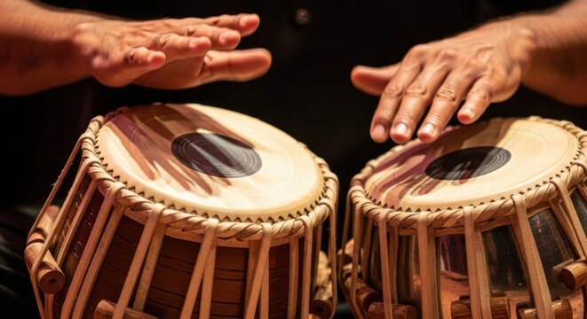 Close-up of hands playing traditional Indian tabla drums