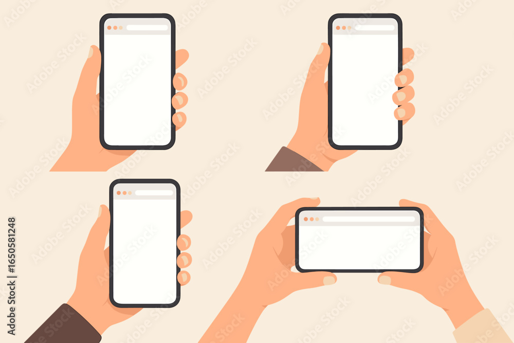 Fototapete hand holding mobile phone mockup vector collection. set of illustrations with smartphone in hands. b