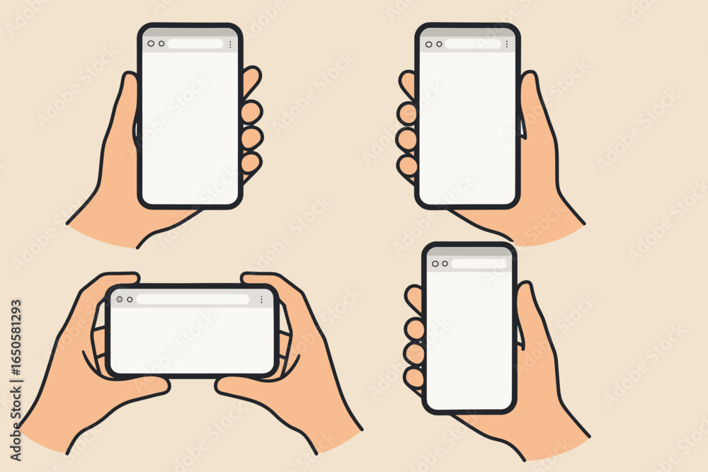 Poster hand holding phone mockup vector collection. smartphone in hands with blank web browser screen. mobi