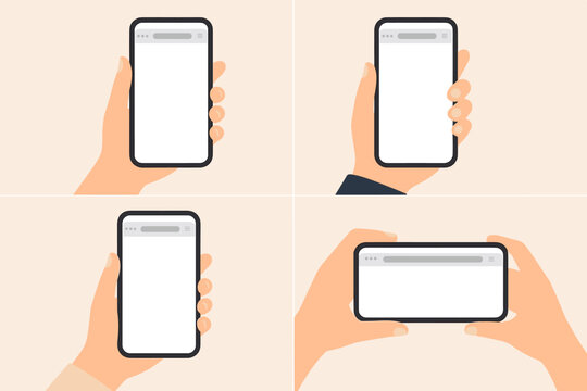Hand holding mobile phone mockup vector collection. Set of smartphones in hands with blank empty browser screen. Flat design template for user interface, website, or app presentation.
