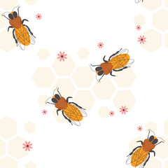 Seamless pattern with bee and tiny flowers