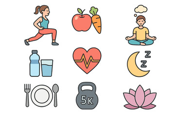 Health and wellness icon set. Vector cartoon illustration for a balanced lifestyle. Includes exercise, nutrition, diet, sleep, and mindfulness for a healthy life. Fitness and yoga symbols.