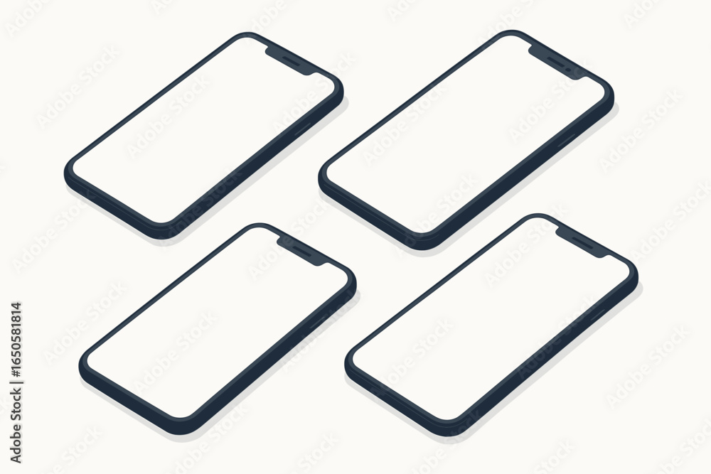 Poster set of four isometric mobile phones with blank white screens. unbranded smartphone mockup template f