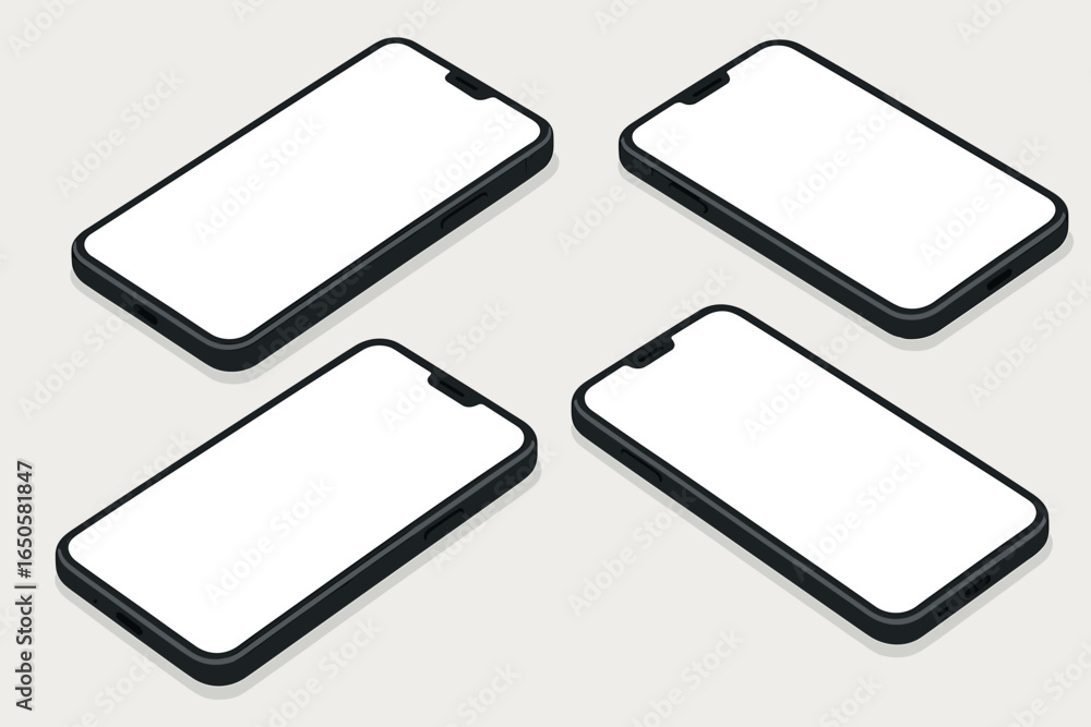 Aufkleber isometric mobile phone screen template. set of four unbranded smartphones in perspective top view wi
