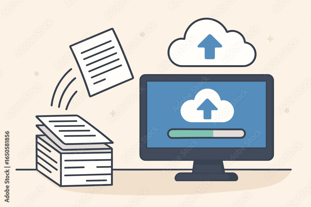 Poster office automation, paperless concept. documents digitizing and uploading to cloud storage from compu