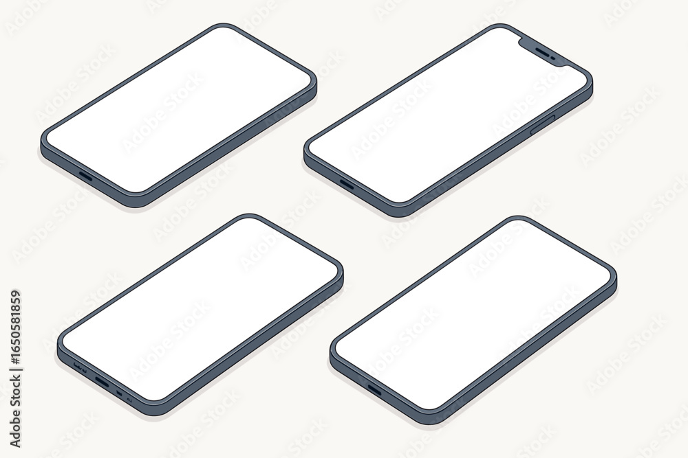 Fototapete set of four isometric mobile phone screen templates. unbranded smartphones in perspective top view w