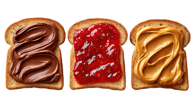 Delicious Trio of Toasts: A tantalizing close-up reveals three slices of perfectly toasted bread, each generously adorned with a different, delightful topping, perfect for breakfast or brunch!