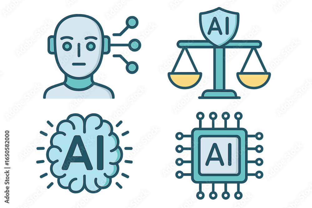 Poster ai ethics icon set. artificial intelligence concepts. robot, law, brain, processor. machine learning