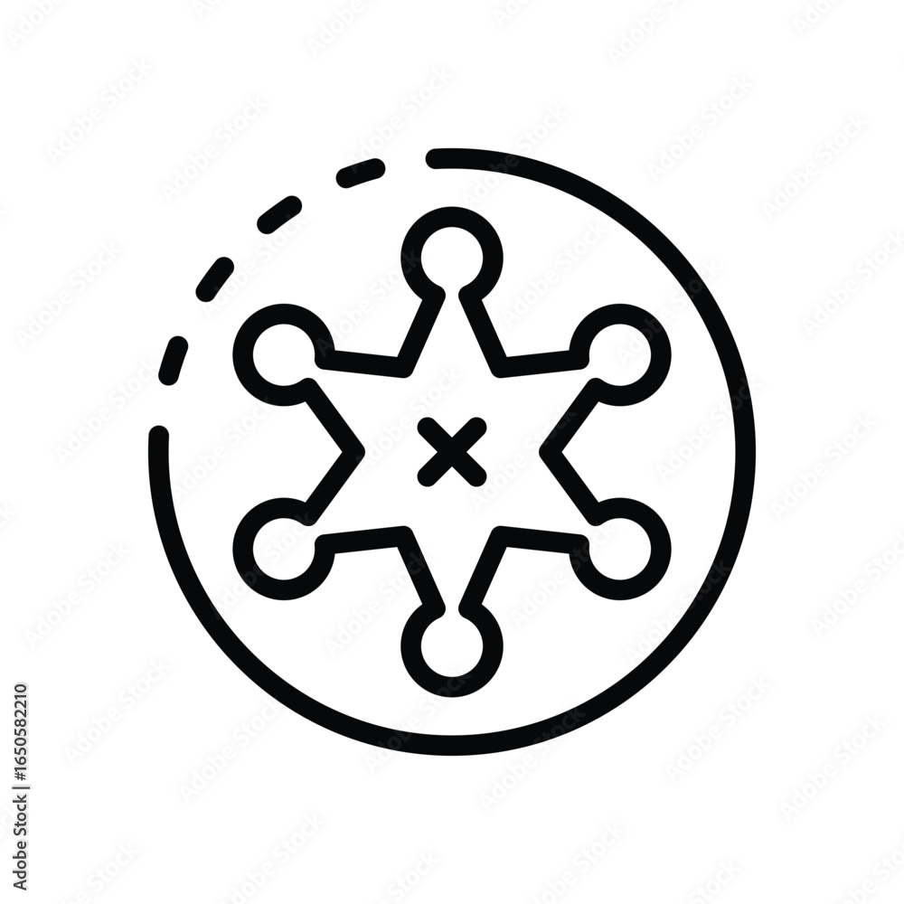 Poster a black line drawing depicts a sheriffs badge inside a dotted circle, web icon in line style. editab
