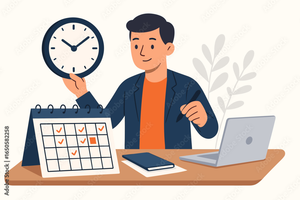 Poster man managing time with clock and calendar. businessman planning schedule and work organization. prod