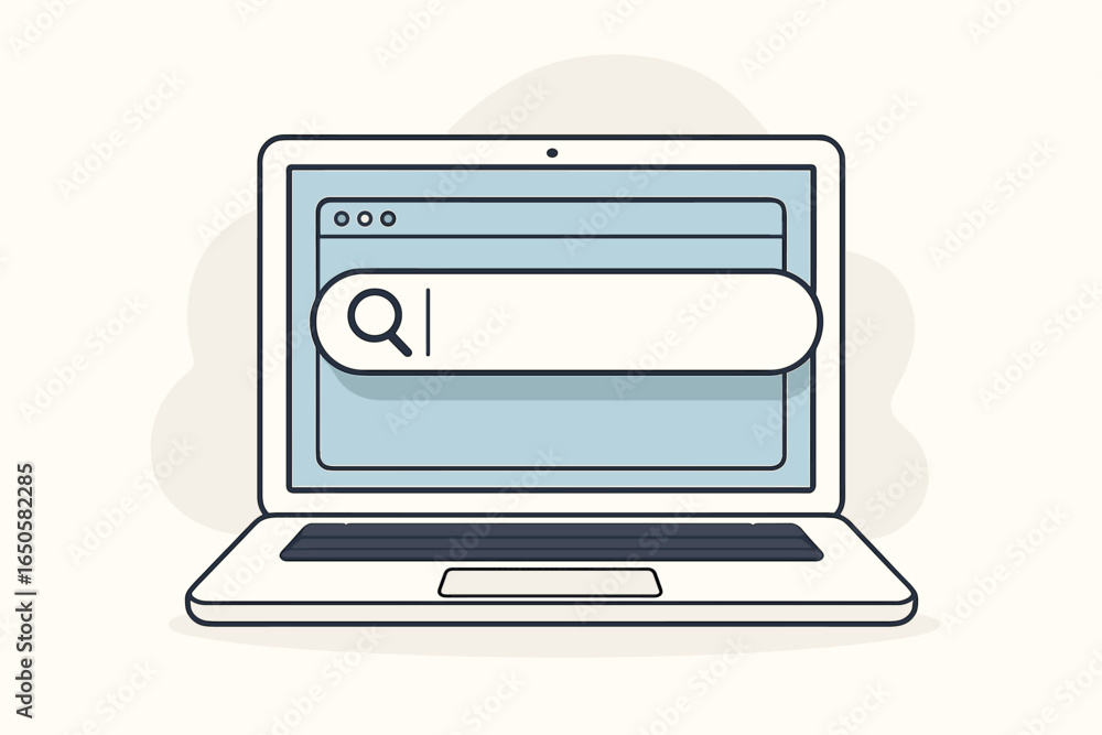 Aufkleber laptop computer with search bar on screen. vector cartoon of internet browsing and online research. 