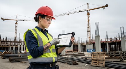 A female construction worker in a protective hard hat and safety vest uses a rugged tablet to review critical building plans and project data.