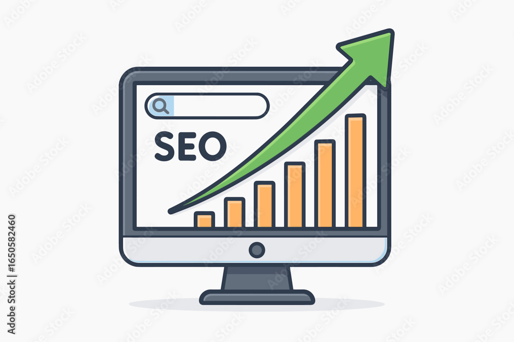 Aufkleber seo growth concept. search engine optimization analytics. computer screen with a growing chart and a