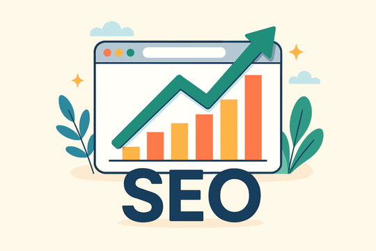 SEO search engine optimization concept. Website traffic growth and ranking analysis. Digital marketing strategy for business success with data graph chart and upward arrow. Vector.