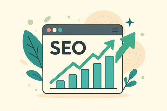 SEO search engine optimization marketing concept. Website traffic growth and ranking analysis. Digital business strategy with data report, graph, and chart. Vector illustration.