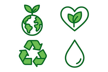 Set of green icons representing sustainability, nature conservation, recycling, and water preservation. Eco-friendly concepts for environmental care. Vector line art illustration.