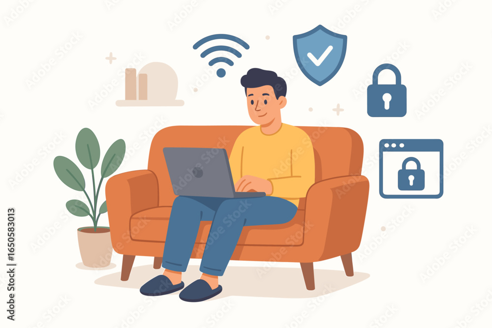 Aufkleber online security and data protection concept. man on sofa at home using laptop with wifi. cybersecuri