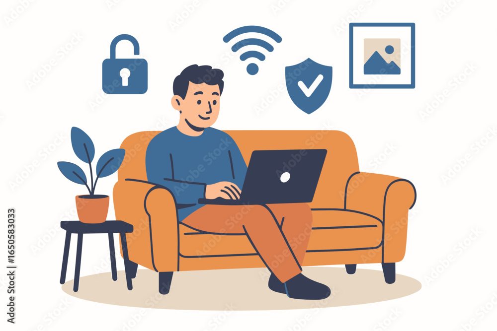 Aufkleber cybersecurity concept with man on sofa using laptop. secure internet connection, data protection, pr
