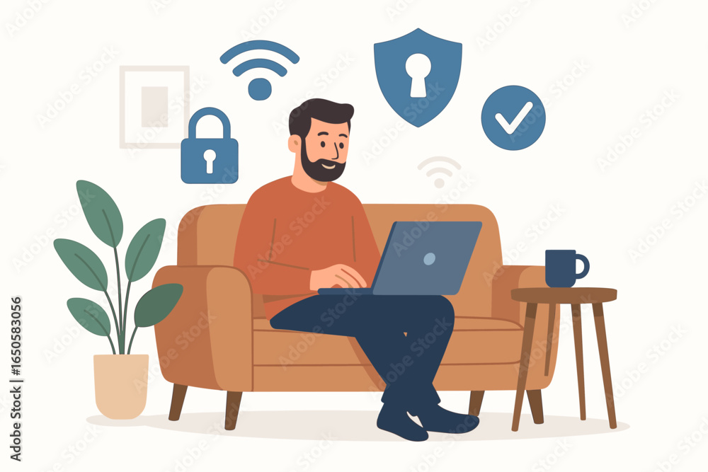 Poster cybersecurity concept. man on sofa with laptop using secure wifi. internet security, data protection