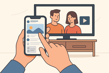 Man using mobile phone, browsing social media, watching TV. Second screen multitasking concept. Person distracted by smartphone while video streaming on television at home.