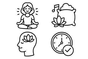 Mindfulness icon set. Meditation, relaxation, time management. Mental health concept. Woman in yoga lotus pose, calm mind, productivity clock. Vector line art symbols.