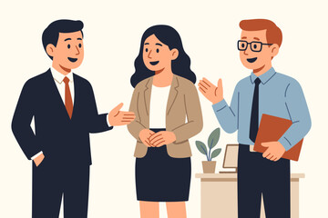 Group of three businesspeople colleagues talking at work. Team standing in office having a friendly conversation, dialogue or discussion and smiling. Flat design vector.