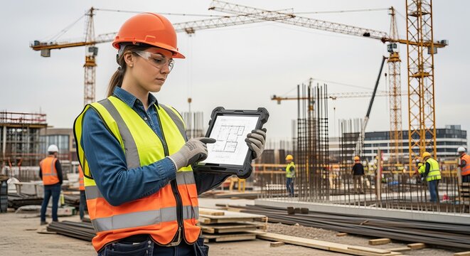 A female engineer in a safety vest and hard hat reviews blueprints on a digital tablet at an active construction site.